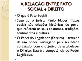 A RELAÇÃO ENTRE FATO SOCIAL e DIREITO O que é Fato Social? Segundo o jurista Paulo Nader “Fatos sociais são criações históricas do povo, que refletem os seus costumes, tradições, sentimentos e cultura.” O Papel do Legislador (Direito) – trata-se de um poder, outorgado pela sociedade ao Estado, com o objetivo de estabelecer o Direito. Está é a competência do Poder Legislativo. 