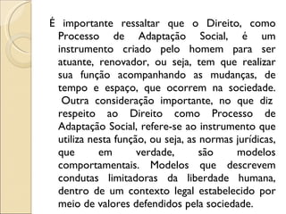 É importante ressaltar que o Direito, como Processo de Adaptação Social, é um instrumento criado pelo homem para ser atuante, renovador, ou seja, tem que realizar sua função acompanhando as mudanças, de tempo e espaço, que ocorrem na sociedade.  Outra consideração importante, no que diz respeito ao Direito como Processo de Adaptação Social, refere-se ao instrumento que utiliza nesta função, ou seja, as normas jurídicas, que em verdade, são modelos comportamentais. Modelos que descrevem condutas limitadoras da liberdade humana, dentro de um contexto legal estabelecido por meio de valores defendidos pela sociedade. 