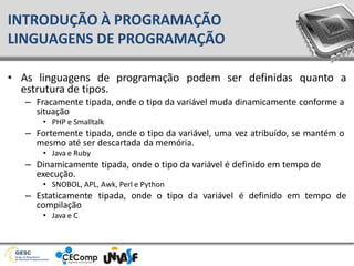 • As linguagens de programação podem ser definidas quanto a
estrutura de tipos.
– Fracamente tipada, onde o tipo da variável muda dinamicamente conforme a
situação
• PHP e Smalltalk
– Fortemente tipada, onde o tipo da variável, uma vez atribuído, se mantém o
mesmo até ser descartada da memória.
• Java e Ruby
– Dinamicamente tipada, onde o tipo da variável é definido em tempo de
execução.
• SNOBOL, APL, Awk, Perl e Python
– Estaticamente tipada, onde o tipo da variável é definido em tempo de
compilação
• Java e C
INTRODUÇÃO À PROGRAMAÇÃO
LINGUAGENS DE PROGRAMAÇÃO
 