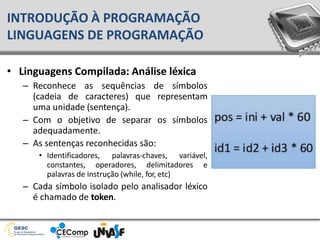 • Linguagens Compilada: Análise léxica
– Reconhece as sequências de símbolos
(cadeia de caracteres) que representam
uma unidade (sentença).
– Com o objetivo de separar os símbolos
adequadamente.
– As sentenças reconhecidas são:
• Identificadores, palavras-chaves, variável,
constantes, operadores, delimitadores e
palavras de instrução (while, for, etc)
– Cada símbolo isolado pelo analisador léxico
é chamado de token.
INTRODUÇÃO À PROGRAMAÇÃO
LINGUAGENS DE PROGRAMAÇÃO
 