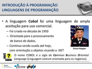 • A linguagem Cobol foi uma linguagem de ampla
aceitação para uso comercial.
– Foi criada na década de 1950
– Orientada para o processamento
de banco de dados.
– Continua sendo usada até hoje,
com orientação a objetos visando o .NET
INTRODUÇÃO À PROGRAMAÇÃO
LINGUAGENS DE PROGRAMAÇÃO
Grace Hopper
O nome COBOL é a sigla de Common Business Oriented
Language (Linguagem comum orientada para os negócios).
 