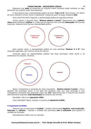 CURSO ONLINE – RACIOCÍNIO LÓGICO                                 13
       Observem que todos os elementos do conjunto menor (homens) estão incluídos, ou seja,
pertencem ao conjunto maior (dos pássaros).
       E será sempre essa a representação gráfica da frase “Todo A é B”. Dois círculos, um dentro
do outro, estando o círculo menor a representar o grupo de quem se segue à palavra todo.
      Ficou claro? Pois bem! Façamos a representação gráfica da segunda premissa.
      Temos, agora, a seguinte frase: “Nenhum pássaro é animal”. Observemos que a palavra-
chave desta sentença é nenhum. E a idéia que ela exprime é de uma total dissociação entre os dois
conjuntos. Vejamos como fica sua representação gráfica:




                            Conjunto dos                  Conjunto dos
                              Pássaros                      Animais




      Será sempre assim a representação gráfica de uma sentença “Nenhum A é B”: dois
conjuntos separados, sem nenhum ponto em comum.
       Tomemos agora as representações gráficas das duas premissas vistas acima e as
analisemos em conjunto. Teremos:




                     Pássaros




                                                             Animais
                       Homens




       Agora, comparemos a conclusão do nosso argumento – Nenhum homem é animal – com o
desenho das premissas acima. E aí? Será que podemos dizer que esta conclusão é uma
conseqüência necessária das premissas? Claro que sim! Observemos que o conjunto dos homens
está totalmente separado (total dissociação!) do conjunto dos animais.
      Resultado: este é um argumento válido!
      Ficou entendido? Agora, vejamos o conceito de argumento inválido.


# Argumento Inválido:
       Dizemos que um argumento é inválido – também denominado ilegítimo, mal construído,
falacioso ou sofisma – quando a verdade das premissas não é suficiente para garantir a
verdade da conclusão.
      Entenderemos melhor com um exemplo.



     www.pontodosconcursos.com.br - Prof. Sérgio Carvalho & Prof. Weber Campos
 