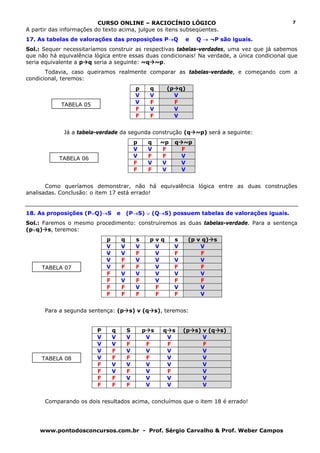 CURSO ONLINE – RACIOCÍNIO LÓGICO                                         7
A partir das informações do texto acima, julgue os itens subseqüentes.
17. As tabelas de valorações das proposições P→Q                    e   Q → ¬P são iguais.
Sol.: Sequer necessitaríamos construir as respectivas tabelas-verdades, uma vez que já sabemos
que não há equivalência lógica entre essas duas condicionais! Na verdade, a única condicional que
seria equivalente a p q seria a seguinte: ~q ~p.
       Todavia, caso queiramos realmente comparar as tabelas-verdade, e começando com a
condicional, teremos:
                                                 p    q     (p q)
                                                 V    V       V
            TABELA 05                            V    F       F
                                                 F    V       V
                                                 F    F       V


             Já a tabela-verdade da segunda construção (q ~p) será a seguinte:
                                                 p    q    ~p   q ~p
                                                 V    V     F     F
            TABELA 06                            V    F     F     V
                                                 F    V    V      V
                                                 F    F    V      V


       Como queríamos demonstrar, não há equivalência lógica entre as duas construções
analisadas. Conclusão: o item 17 está errado!


18. As proposições (P∨Q)→S           e       (P→S) ∨ (Q→S) possuem tabelas de valorações iguais.
Sol.: Faremos o mesmo procedimento: construiremos as duas tabelas-verdade. Para a sentença
(p∨q) s, teremos:
                             p           q       s    pvq       s    (p v q) s
                             V           V       V     V        V        V
                             V           V       F     V        F        F
                             V           F       V     V        V        V
     TABELA 07               V           F       F     V        F        F
                             F           V       V     V        V        V
                             F           V       F     V        F        F
                             F           F       V     F        V        V
                             F           F       F     F        F        V


      Para a segunda sentença: (p s) v (q s), teremos:


                         P       q           S       p s   q s      (p s) v (q s)
                         V       V           V        V     V             V
                         V       V           F        F     F             F
                         V       F           V        V     V             V
     TABELA 08           V       F           F        F     V             V
                         F       V           V        V     V             V
                         F       V           F        V     F             V
                         F       F           V        V     V             V
                         F       F           F        V     V             V


      Comparando os dois resultados acima, concluímos que o item 18 é errado!




     www.pontodosconcursos.com.br - Prof. Sérgio Carvalho & Prof. Weber Campos
 