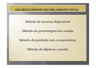 Método de recursos disponíveis

 Método da porcentagem das vendas

Método da paridade com a concorrência
          p

     Método de objetivos e tarefas
 