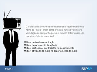 O profissional que atua no departamento recebe também o
nome de “mídia” e tem como principal função viabilizar a
veiculação da campanha para um público determinado, de
maneira eficiente e rentável.
MÍDIA IMÍDIA I
maneira eficiente e rentável.
Mídia = meios de comunicação
Mídia = departamento da agência
Mídia = profissional que trabalha no departamento
Mídia = atividade do mídia no departamento de mídia
 