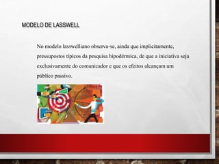 MODELO DE LASSWELL
No modelo lasswelliano observa-se, ainda que implicitamente,
pressupostos típicos da pesquisa hipodérmica, de que a iniciativa seja
exclusivamente do comunicador e que os efeitos alcançam um
público passivo.
 