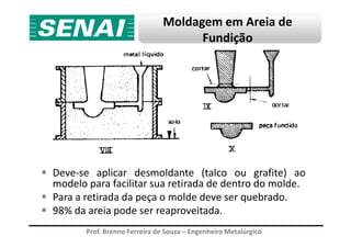 Moldagem em Areia de
Fundição
Prof. Brenno Ferreira de Souza – Engenheiro Metalúrgico
Deve-se aplicar desmoldante (talco ou grafite) ao
modelo para facilitar sua retirada de dentro do molde.
Para a retirada da peça o molde deve ser quebrado.
98% da areia pode ser reaproveitada.
 