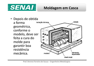 Moldagem em Casca
Depois de obtida
a forma
geométrica,
conforme o
modelo, deve ser
Prof. Brenno Ferreira de Souza – Engenheiro Metalúrgico
modelo, deve ser
feita a cura do
molde para
garantir boa
resistência
mecânica.
 