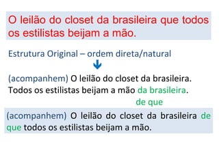 O leilão do closet da brasileira que todos
os estilistas beijam a mão.
Estrutura Original – ordem direta/natural

(acompanhem) O leilão do closet da brasileira.
Todos os estilistas beijam a mão da brasileira.
(acompanhem) O leilão do closet da brasileira de
que todos os estilistas beijam a mão.
de que
 