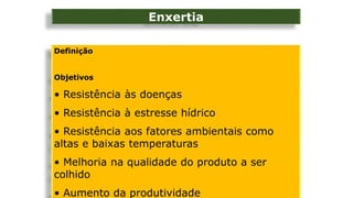 Enxertia
Definição
Objetivos
• Resistência às doenças
• Resistência à estresse hídrico
• Resistência aos fatores ambientais como
altas e baixas temperaturas
• Melhoria na qualidade do produto a ser
colhido
• Aumento da produtividade
 