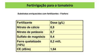 Fertirrigação para o tomateiro
Fertilizante Dose (g/L)
Nitrato de cálcio 0,8
Nitrato de potássio 0,7
Sulfato de magnésio 0,4
Ferro quelatizado
(10%)
0,2 ml/L
CE (dS/m) 1,64
Substratos enriquecidos com fertilizantes - Fósforo
 