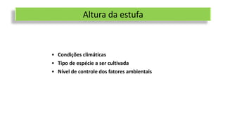 Altura da estufa
• Condições climáticas
• Tipo de espécie a ser cultivada
• Nível de controle dos fatores ambientais
 