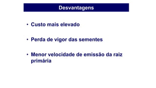 Desvantagens
• Custo mais elevado
• Perda de vigor das sementes
• Menor velocidade de emissão da raiz
primária
 