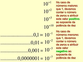 +1     No caso de
10       números maiores
     +2 que 1, devemos
10       contar o número
         de zeros e atribuir
     +3 este valor positivo
10       ao expoente da
     +10 potência de dez
10
          No caso de
     −1
10        números menores
          que 1, devemos
   −2
10        contar o número
          de zeros e atribuir
     −3   este valor
10        negativo ao
          expoente da
     −7
10        potência de dez
 