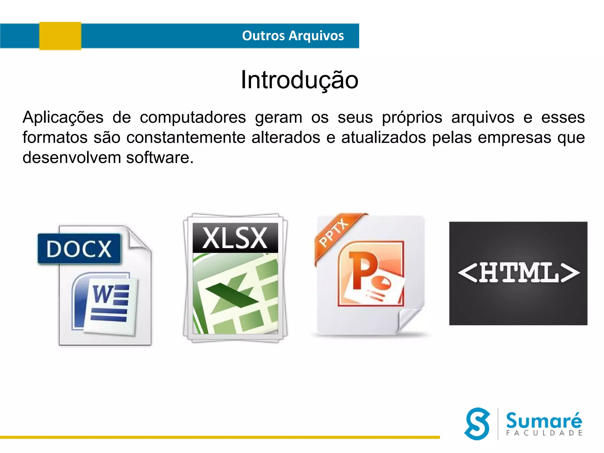 Outros Arquivos

Introdução
Aplicações de computadores geram os seus próprios arquivos e esses
formatos são constantemente alterados e atualizados pelas empresas que
desenvolvem software.

 
