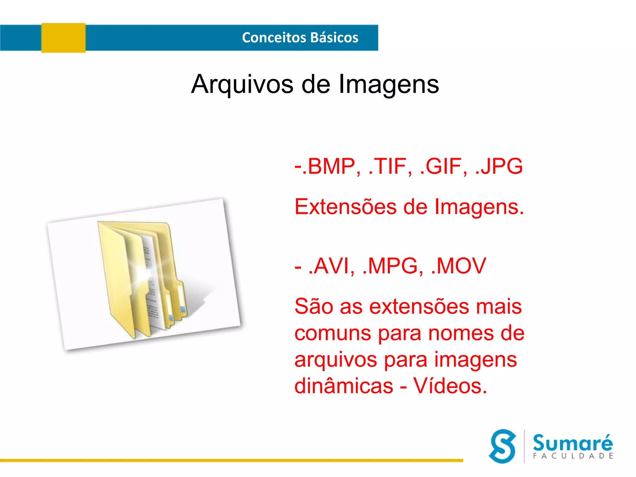Conceitos Básicos

Arquivos de Imagens
-.BMP, .TIF, .GIF, .JPG
Extensões de Imagens.
- .AVI, .MPG, .MOV
São as extensões mais
comuns para nomes de
arquivos para imagens
dinâmicas - Vídeos.

 