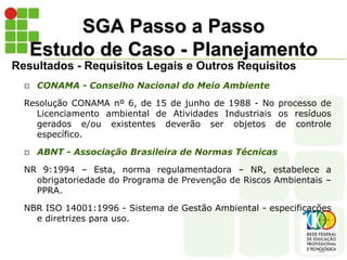 SGA Passo a Passo
Estudo de Caso - Planejamento
Resultados - Requisitos Legais e Outros Requisitos
 CONAMA - Conselho Nacional do Meio Ambiente
Resolução CONAMA nº 6, de 15 de junho de 1988 - No processo de
Licenciamento ambiental de Atividades Industriais os resíduos
gerados e/ou existentes deverão ser objetos de controle
específico.
 ABNT - Associação Brasileira de Normas Técnicas
NR 9:1994 – Esta, norma regulamentadora – NR, estabelece a
obrigatoriedade do Programa de Prevenção de Riscos Ambientais –
PPRA.
NBR ISO 14001:1996 - Sistema de Gestão Ambiental - especificações
e diretrizes para uso.
 