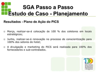 SGA Passo a Passo
Estudo de Caso - Planejamento
Resultados - Plano de Ação do PICS
 Março, realizar-se-á colocação de 100 % dos coletores em locais
estratégicos;
 Junho, realizar-se-á renovação no processo de conscientização para
100% dos setores do hotel;
 A divulgação e marketing do PICS será realizada para 100% dos
fornecedores e sub-contratados.
 