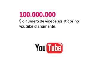 100.000.000
É o número de vídeos assistidos no
youtube diariamente.
 