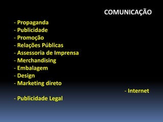 COMUNICAÇÃO
- Propaganda
- Publicidade
- Promoção
- Relações Públicas
- Assessoria de Imprensa
- Merchandising
- Embalagem
- Design
- Marketing direto
                               - Internet
- Publicidade Legal
 