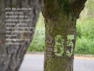 85% dos usuários de
mídias sociais,
acreditam que as
empresas precisam ir
além de apenas
estarem presentes em
sites e mídias sociais,
precisam
interagircom seus
consumidores.
 