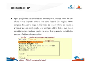 Resposta HTTP
• Agora que já vimos as solicitações do browser para o servidor, vamos dar uma
olhada no que o servidor envia de volta como resposta. Uma resposta HTTP é
composta de header e corpo. A informação do header informa ao browser o
protocolo que está sendo usado, se a solicitação obteve êxito e que tipo de
conteúdo (content-type) está incluido no corpo. O corpo possui o conteúdo (por
exemplo, HTML) que o browser exibirá.
32
 