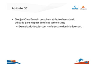 Atributo DC
• O objectClass Domain possui um atributo chamado dc
utilizado para mapear domínios como o DNS;
– Exemplo: dc=foo,dc=com - referencia o domínio foo.com.
14
 