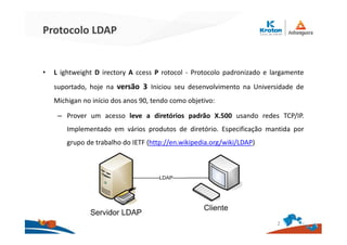 Protocolo LDAP
• L ightweight D irectory A ccess P rotocol - Protocolo padronizado e largamente
suportado, hoje na versão 3 Iniciou seu desenvolvimento na Universidade de
Michigan no início dos anos 90, tendo como objetivo:
– Prover um acesso leve a diretórios padrão X.500 usando redes TCP/IP.
Implementado em vários produtos de diretório. Especificação mantida por
grupo de trabalho do IETF (http://en.wikipedia.org/wiki/LDAP)
2
 