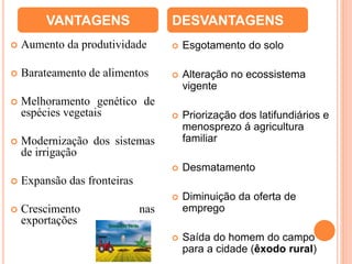VANTAGENS
 Aumento da produtividade
 Barateamento de alimentos
 Melhoramento genético de
espécies vegetais
 Modernização dos sistemas
de irrigação
 Expansão das fronteiras
 Crescimento nas
exportações
DESVANTAGENS
 Esgotamento do solo
 Alteração no ecossistema
vigente
 Priorização dos latifundiários e
menosprezo á agricultura
familiar
 Desmatamento
 Diminuição da oferta de
emprego
 Saída do homem do campo
para a cidade (êxodo rural)
 