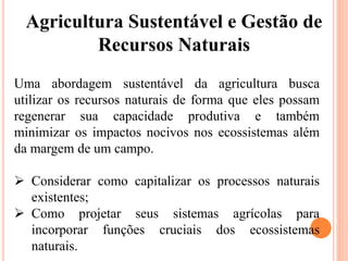 Agricultura Sustentável e Gestão de
Recursos Naturais
Uma abordagem sustentável da agricultura busca
utilizar os recursos naturais de forma que eles possam
regenerar sua capacidade produtiva e também
minimizar os impactos nocivos nos ecossistemas além
da margem de um campo.
 Considerar como capitalizar os processos naturais
existentes;
 Como projetar seus sistemas agrícolas para
incorporar funções cruciais dos ecossistemas
naturais.
 