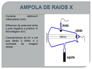  Corrente elétrica
miliampéres (mA).
 Diferença de potencial entre
o polo negativo e positivo 
kilovoltagem (kV).
 Características do kV e mA
que darão o brilho e o
contraste da imagem
obtida.
 