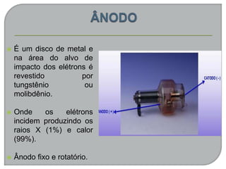  É um disco de metal e
na área do alvo de
impacto dos elétrons é
revestido por
tungstênio ou
molibdênio.
 Onde os elétrons
incidem produzindo os
raios X (1%) e calor
(99%).
 Ânodo fixo e rotatório.
 