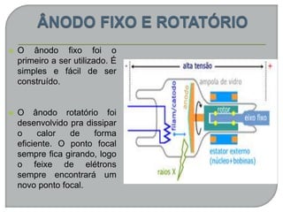  O ânodo fixo foi o
primeiro a ser utilizado. É
simples e fácil de ser
construído.
 O ânodo rotatório foi
desenvolvido pra dissipar
o calor de forma
eficiente. O ponto focal
sempre fica girando, logo
o feixe de elétrons
sempre encontrará um
novo ponto focal.
 