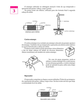 A U L A       O estampo utilizado na rebitagem manual é feito de aço temperado e
          apresenta três partes: cabeça, corpo e ponta.

 3            Na ponta existe um rebaixo, utilizado para dar formato final à segunda
          cabeça do rebite.




               estampo para rebites




              Contra-estampo

              O contra-estampo é na verdade um estampo colocado em posição oposta à
          do estampo. Também é de aço temperado e apresenta um rebaixo semi-esférico
          no qual é introduzida a cabeça do rebite.
              O rebaixo semi-esférico pode apresentar vários diâmetros
          a fim de alojar cabeças de rebites de diversas dimensões.
          Abaixo mostramos um modelo de contra-estampo.



                                                    No caso de peças pequenas, pode-se
                                               utilizar o contra-estampo fixo a uma morsa;
                                               no caso de peças grandes, o contra-estampo
                                               pode ser apoiado no piso, sobre uma chapa
                                               de proteção.




              Repuxador

              O repuxador comprime as chapas a serem rebitadas. É feito de aço tempera-
          do e apresenta três partes: cabeça, corpo e face. Na face existe um furo que aloja
          a extremidade livre do rebite.




                                      repuxador para rebites
 