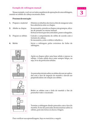 Exemplo de rebitagem manual                                                      A U L A

   Nesse exemplo, você vai ver toda a seqüência de operações de uma rebitagem,
usando-se rebites de cabeça escareada chata.                                           3
     Processo de execução:

1.   Prepare o material   · Elimine as rebarbas dos furos a fim de assegurar uma
                            boa aderência entre as chapas.
2.   Alinhe as chapas     · Se necessário, prenda as chapas com grampos, alica-
                            tes de pressão ou morsa manual.
                          · Se houver furos que não coincidam, passe o alargador.
3.   Prepare os rebites   · Calcule o comprimento do rebite de acordo com o
                            formato da cabeça.
                          · Se necessário, corte o rebite e rebarbe-o.
4.   Rebite               · Inicie a rebitagem pelos extremos da linha de
                            rebitagem.




                          · Apóie as chapas sobre uma base sólida e repuxe os
                            rebites. A base sólida deve estar sempre limpa, ou
                    1       seja, livre de partículas sólidas.




                          · As pancadas iniciais sobre os rebites devem ser aplica-
                            das com a face de impacto do martelo e devem ser
                    2       perpendiculares em relação aos rebites.




                          · Boleie os rebites com a bola do martelo a fim de
                            preencher todo o escareado.
                    3




                          · Termine a rebitagem dando pancadas com a face do
                            martelo. Evite dar pancadas desnecessárias sobre os
                            rebites, pois isto torna-os duros e frágeis.
                     4


     Para verificar sua aprendizagem, faça os exercícios, a seguir.
 