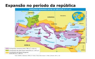 Expansão no período da república
Fonte: STUMPO, E. Beniamino; TONELLI, M. Teresa. II Nuovo libro di storia. v.I. Milão: Le Monnier, 1997. p. 164.
DOMÍNIOS ROMANOS ENTRE OS SÉCULOS II e I a.C.
CARTOGRAFIA:ANDERSONDEANDRADEPIMENTEL/FERNANDOJOSÉFERREIRA
230 km
 