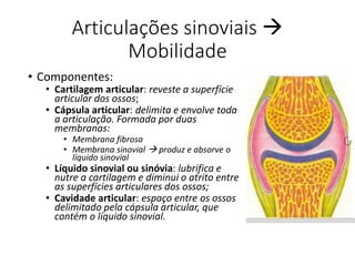 Articulações sinoviais 
Mobilidade
• Componentes:
• Cartilagem articular: reveste a superfície
articular dos ossos;
• Cápsula articular: delimita e envolve toda
a articulação. Formada por duas
membranas:
• Membrana fibrosa
• Membrana sinovial  produz e absorve o
líquido sinovial
• Líquido sinovial ou sinóvia: lubrifica e
nutre a cartilagem e diminui o atrito entre
as superfícies articulares dos ossos;
• Cavidade articular: espaço entre os ossos
delimitado pela cápsula articular, que
contém o líquido sinovial.
 