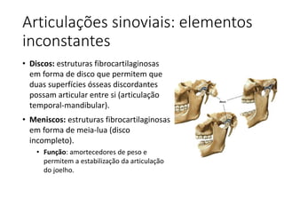 Articulações sinoviais: elementos
inconstantes
• Discos: estruturas fibrocartilaginosas
em forma de disco que permitem que
duas superfícies ósseas discordantes
possam articular entre si (articulação
temporal-mandibular).
• Meniscos: estruturas fibrocartilaginosas
em forma de meia-lua (disco
incompleto).
• Função: amortecedores de peso e
permitem a estabilização da articulação
do joelho.
 