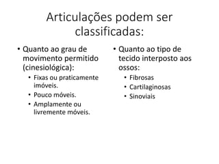 Articulações podem ser
classificadas:
• Quanto ao grau de
movimento permitido
(cinesiológica):
• Fixas ou praticamente
imóveis.
• Pouco móveis.
• Amplamente ou
livremente móveis.
• Quanto ao tipo de
tecido interposto aos
ossos:
• Fibrosas
• Cartilaginosas
• Sinoviais
 