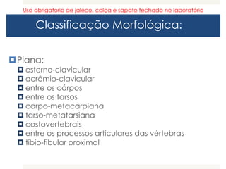 Classificação Morfológica:
Plana:
 esterno-clavicular
 acrômio-clavicular
 entre os cárpos
 entre os tarsos
 carpo-metacarpiana
 tarso-metatarsiana
 costovertebrais
 entre os processos articulares das vértebras
 tíbio-fibular proximal
Uso obrigatorio de jaleco, calça e sapato fechado no laboratório
 