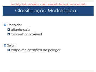 Classificação Morfológica:
 Trocóide:
 atlanto-axial
 rádio-ulnar proximal
 Selar:
 carpo-metacárpica do polegar
Uso obrigatorio de jaleco, calça e sapato fechado no laboratório
 