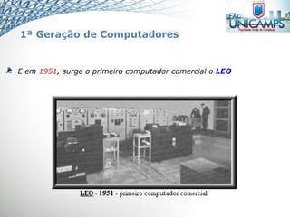 E em 1951, surge o primeiro computador comercial o LEO
1ª Geração de Computadores
 