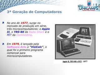 No ano de 1977, surge no
mercado de produção em série,
três microcomputadores: o Apple
II, o TRS-80 da Radio Shack e o
PET da Commodore.
Em 1979, é lançado pela
Software Arts o "VisiCalc", o
qual foi o primeiro programa
comercial para
microcomputadores.
3ª Geração de Computadores
 