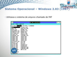 Sistema Operacional – Windows 2.03 (1987)
• Utilizava o sistema de arquivo chamado de FAT
 