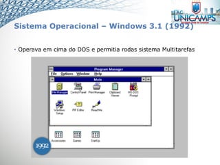 Sistema Operacional – Windows 3.1 (1992)
• Operava em cima do DOS e permitia rodas sistema Multitarefas
 