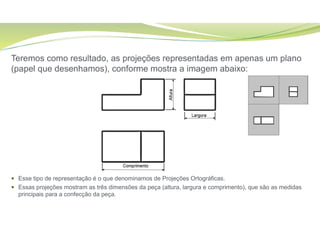 Teremos como resultado, as projeções representadas em apenas um plano
(papel que desenhamos), conforme mostra a imagem abaixo:
 Esse tipo de representação é o que denominamos de Projeções Ortográficas.
 Essas projeções mostram as três dimensões da peça (altura, largura e comprimento), que são as medidas
principais para a confecção da peça.
 
