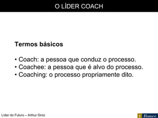 O LÍDER COACH Termos básicos •  Coach: a pessoa que conduz o processo. •  Coachee: a pessoa que é alvo do processo. •  Coaching: o processo propriamente dito. Líder do Futuro – Arthur Diniz 