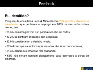 Feedback Eu, demitido? Pesquisa da consultoria Lens & Minarelli com  200 gerentes, diretores e presidentes,  que perderam o emprego em 2005, mostra, entre outras coisas, que: •  68,3% nem imaginavam que podiam ser alvo de cortes; •  43,2% se sentiram chocados com a decisão; •  82,9% consideraram a decisão injusta; •  66% dizem que os motivos apresentados não foram convincentes; •  59,3% acharam o processo mal conduzido; •  62% não tinham nenhum planejamento caso ocorresse a perda de emprego. 