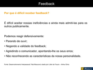 Feedback Por que é difícil receber feedback? É difícil aceitar nossas ineficiências e ainda mais admiti-las para os outros publicamente. Podemos reagir defensivamente: •  Parando de ouvir; •  Negando a validade do feedback; •  Agredindo o comunicador, apontando-lhe os seus erros; •  Não reconhecendo as características da nossa personalidade. Fonte: Desenvolvimento Interpessoal, Fela Moscovici citado por Líder do Futuro – Arthur Diniz 