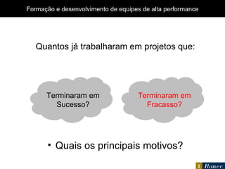 Formação e desenvolvimento de equipes de alta performance Quantos já trabalharam em projetos que: Quais os principais motivos? Terminaram em Sucesso? Terminaram em Fracasso? 